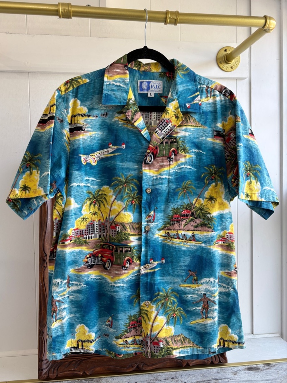 Made in Hawaï - Men's Cotton Hawaiian Palm Shirt Vintage Car Print Retro M / L